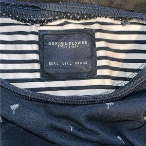 Dark Blue Denim & Flower Palm Tree Print T-Shirt by Ricky Singh